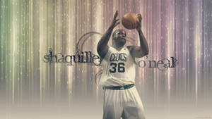 身穿塞爾提克球衣的Shaquille O'Neal正在投籃，身後有發光的光條。 — 美學科比 壁紙