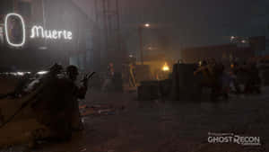 雨濕都市後巷霓虹招牌 Muerte 下的戰術士兵。 — 電玩遊戲 GIF 壁紙