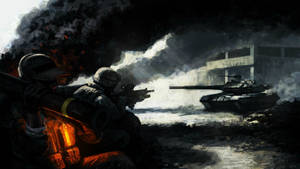 身穿戰鬥裝備的士兵在煙霧和火焰中靠近坦克前進。 — 電玩遊戲 GIF 壁紙