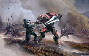未來士兵在塵土飛揚的戰場上戰鬥，伴有爆炸和煙霧。 — 最後一戰： Reach 壁紙