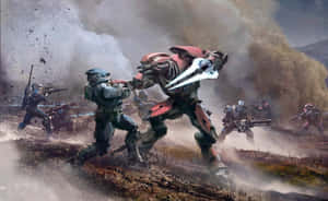 身穿戰鬥裝備的未來士兵在塵土飛揚的戰場上戰鬥，伴隨著爆炸。 — MacBook Air M1 壁紙