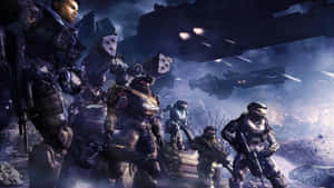 身穿戰鬥裝備的未來士兵站在岩石外星行星上，戰艦在他們上方戰鬥。