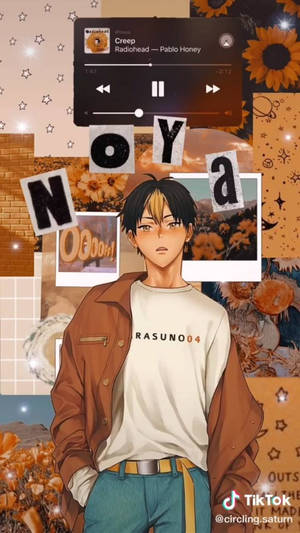 身穿棕色外套的動漫男孩，以向日葵和星星拼貼畫為背景，並疊加音樂播放器。 — 中野三玖 壁紙