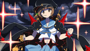 身穿水手服的動畫女孩在夜晚發光的紅色星星下揮舞著魔法星形武器。 — 殺戮魅影 壁紙