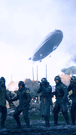 身穿軍服的士兵站在一艘大型飛船下的廢墟田野中。 — 電玩遊戲 GIF 壁紙