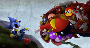 身穿藍色盔甲的Sonic the Hedgehog面對一群機械敵人。 — 洛克人 壁紙