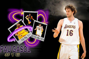 身穿湖人隊球衣的 Pau Gasol 與發光相框，突出他兇猛而堅定的比賽表現。 — 高畫質月亮 壁紙