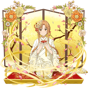 身穿白色和服的動漫女孩手持紅色杯子，被櫻花和金色絲帶環繞。