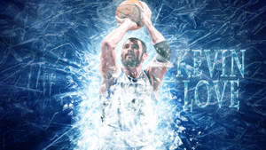 Kevin Love 投籃，帶有藍色碎玻璃效果，他的名字以風格化文字呈現。 — 藍色美學電腦 壁紙