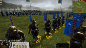 武士軍隊在霧氣瀰漫的戰場上列陣，手持藍色旗幟。 — 電玩遊戲 GIF 壁紙