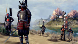 身穿盔甲的武士戰士站在河邊，背景有櫻花和城堡。 — 戰士 壁紙