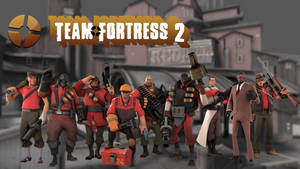 身穿紅色制服的《Team Fortress 2》角色在城市小巷中手持武器。 — 絕境要塞2 壁紙