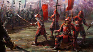 身穿紅色盔甲的武士戰士在櫻花下準備戰鬥。 — 混沌武士 壁紙