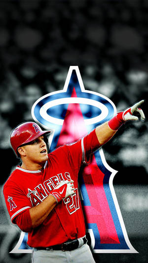 身穿紅色天使隊球衣的棒球運動員向上指，身後有球隊標誌。 — Mike Trout 壁紙