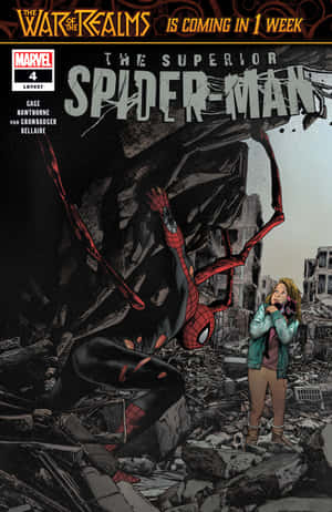 Superior Spider-Man衝破瓦礫，一名女子在廢墟城市中敬畏地觀看。 — Infinix Xpad GT 壁紙