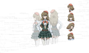 身穿綠色校服、戴紅色貝雷帽的動漫女孩被角色設計和文字疊加環繞。 — 櫻島麻衣 壁紙