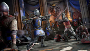 中世紀騎士在城堡大廳中戰鬥，血跡斑斑，士兵倒地。 — 電玩遊戲 GIF 壁紙