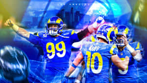 公羊隊美式足球員在閃爍的城市景觀前高舉雙臂慶祝勝利。 — 洛杉磯公羊隊 壁紙