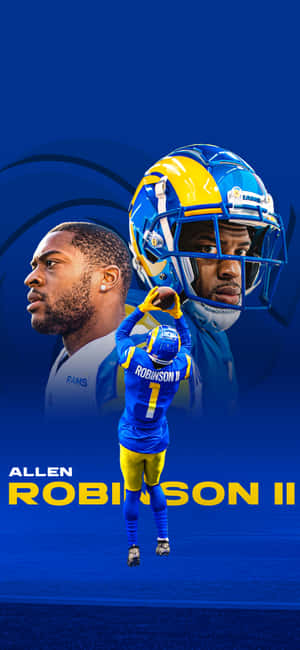 身穿Rams球衣的足球運動員Allen Robinson II脫下頭盔跳躍。 — Galaxy A56 壁紙
