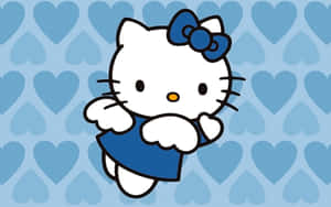 身穿藍色連衣裙和蝴蝶結的Hello Kitty，心形圖案背景 — Hello Kitty 萬聖節 壁紙