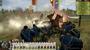 士兵在煙霧瀰漫的戰場上向著衝鋒的騎兵開火。 — 電玩遊戲 GIF 壁紙