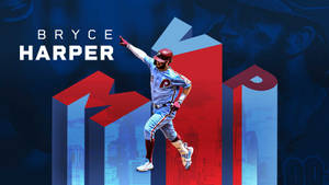 身穿費城人隊球衣的 Bryce Harper 在城市天際線圖形上方高舉雙臂跳躍。 — 布萊斯·哈波 壁紙