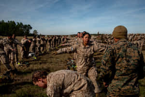 身穿迷彩制服的海軍陸戰隊員在戶外草地上訓練。 — 軍事動圖 壁紙