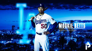 身穿道奇隊球衣的棒球選手 Mookie Betts 在夜晚城市天際線上握著球棒。 — 酷棒球 壁紙
