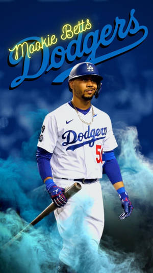 身穿道奇隊球衣的 Mookie Betts 握著球棒，背景為藍色煙霧。 — 藍色煙霧 壁紙