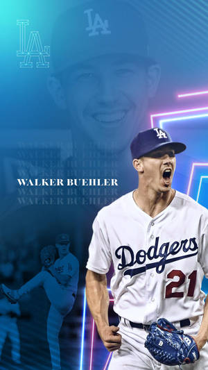 身穿道奇隊球衣的棒球選手Walker Buehler用霓虹燈慶祝。 — 酷棒球 壁紙