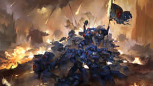 身穿鎧甲的士兵在煙霧和火焰中前進，呈現混亂的戰鬥場景。 — 戰爭機器 壁紙