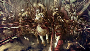 中世紀騎士騎著披甲戰馬在血腥戰鬥中衝鋒。 — 全軍破敵 戰錘 壁紙
