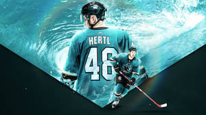 身穿青綠色球衣、號碼48的冰球運動員Hertl，被旋轉的藍色水和彩虹光包圍。 — 聖荷西鯊魚隊 壁紙