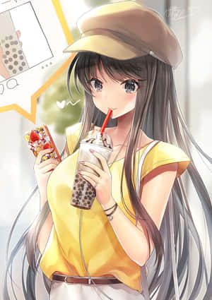 動漫女孩一邊拿著手機，一邊享受珍珠奶茶和草莓零食。 — 泡泡小隊 壁紙