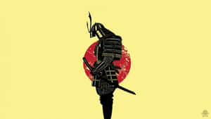黃色背景上，黑色武士剪影持劍，襯托著紅日。 — 日式審美桌面 壁紙