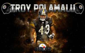 Troy Polamalu 足球員身穿 Steelers 球衣，背景為宇宙火焰。
