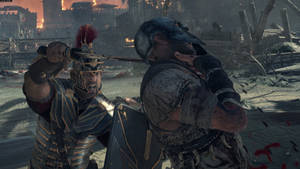 羅馬士兵在燃燒的戰場上戰鬥，鮮血飛濺。 — 電玩遊戲 GIF 壁紙