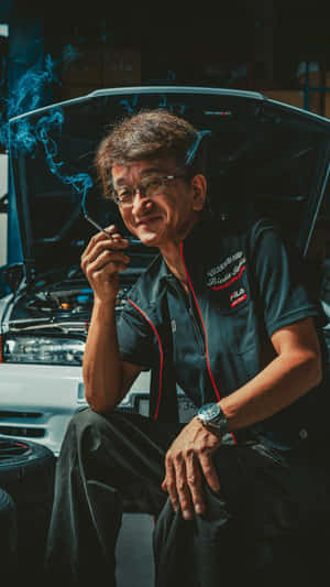 一位微笑的技師在打開引擎蓋的白色車旁邊抽菸。 — 日式 壁紙
