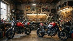 兩輛紅色Ducati摩托車停放在一個充滿工具和海報的質樸工場中。 — 杜卡迪 GIF 壁紙