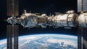 一艘太空船正在地球軌道上接近太空站。 — 太空船 壁紙