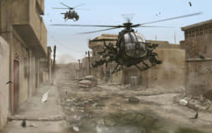 載有士兵的直升機盤旋在毀壞的城市街道上空。 — 直升機 壁紙