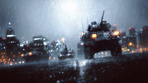 裝甲軍用車輛在夜間城市中於大雨中行駛。 — 戰地風雲4 壁紙