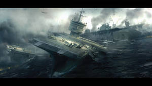 軍艦在波濤洶湧的海上和煙霧中進行海戰。 — 電玩遊戲 GIF 壁紙