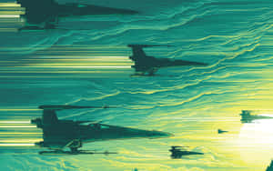 星際戰機在色彩繽紛的天空中競速，帶有動態模糊軌跡。 — 2880x1800 壁紙