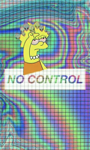 瑪姬·辛普森在色彩繽紛扭曲的網格背景上舉起拳頭，並帶有「NO CONTROL」文字。 — 卡通 壁紙