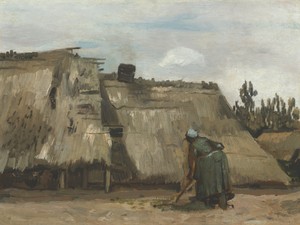 文森特·梵谷的《農婦在農舍前挖土》，創作於約1885年，油畫布面。下載這幅藝術作品作為高解析度桌布。