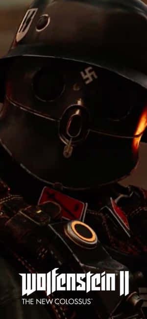 來自Wolfenstein II遊戲的納粹士兵，帶有發光橙色光芒和標題疊加。 — 電玩遊戲 GIF 壁紙
