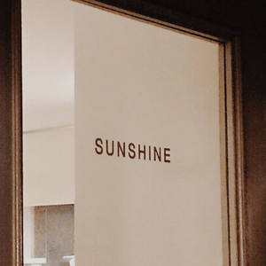 磨砂玻璃門，上面用棕色字體刻有'SUNSHINE'字樣，並以深色木框鑲嵌。 — 褐色美學 壁紙