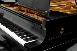 亮黑色 Steinway 三角鋼琴，琴蓋打開，展示金色內部及琴鍵。 — 鋼琴 壁紙