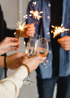 人們在慶祝活動中在室內用香檳和煙花棒碰杯。 — 新年快樂 壁紙